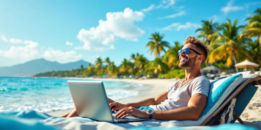 Viajero de negocios relajándose en la playa con una computadora portátil.