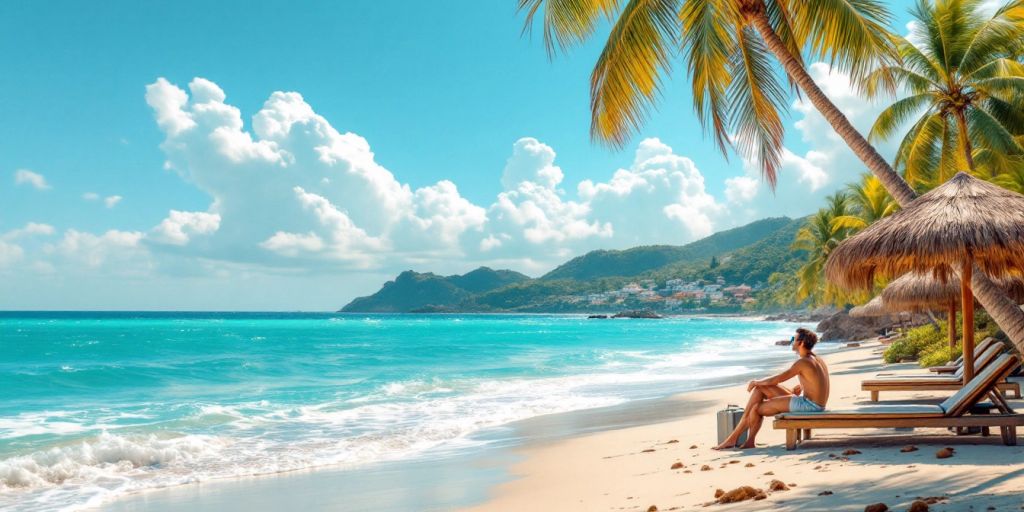 Traveler relaxing at the beach after a business trip.