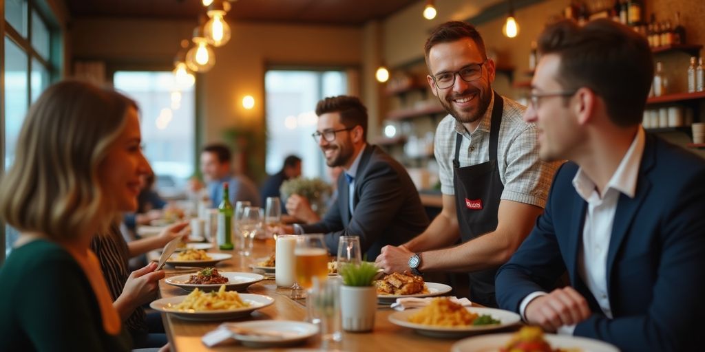 Servidor con comensales en un acogedor restaurante canadiense.