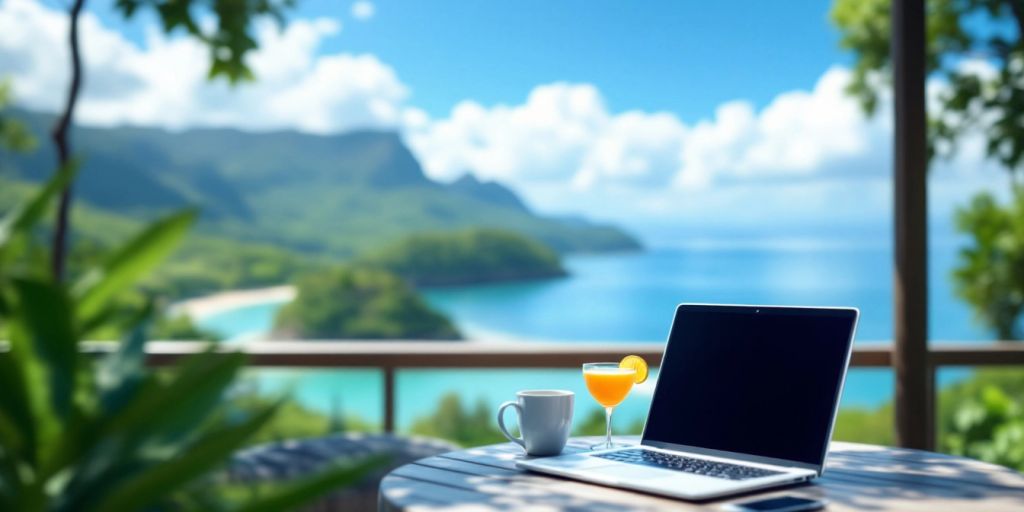Geschäftsperson, die sich mit Laptop und Getränk in der Natur entspannt.