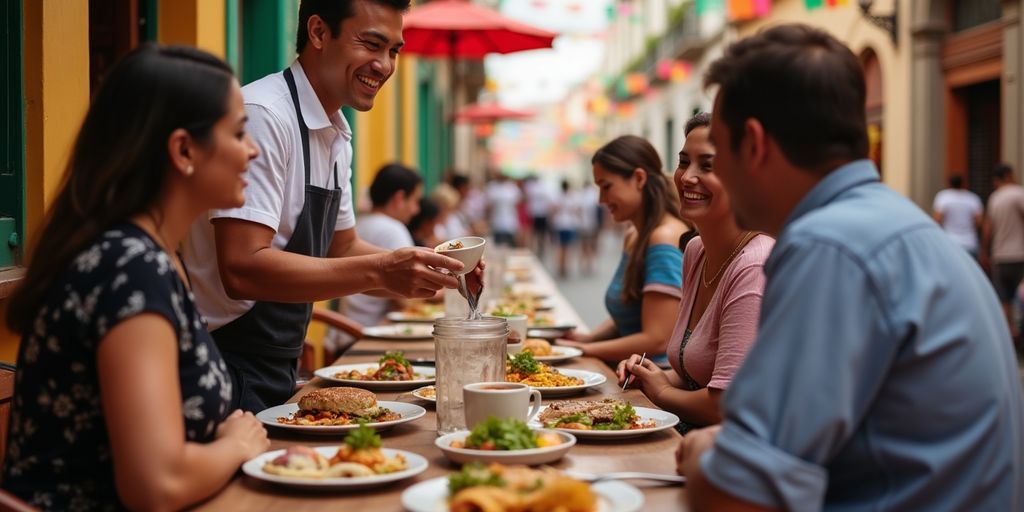 Kellner, der Touristen in einem bunten mexikanischen Restaurant bedient.