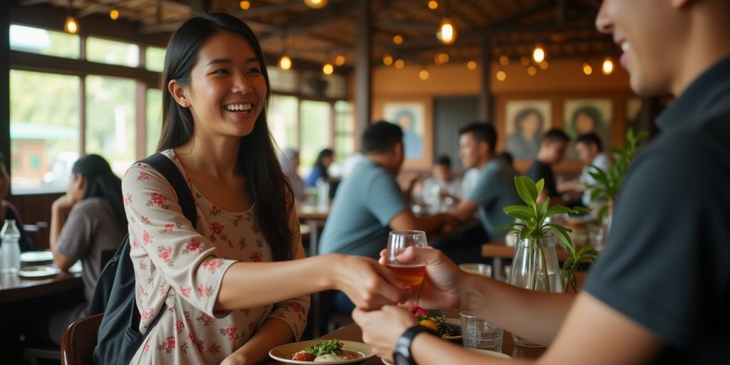 Voyageur donnant un pourboire à un serveur dans un restaurant indonésien.