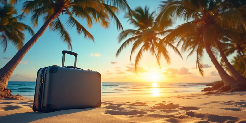 Scène de plage avec une valise et un coucher de soleil, idéale pour des vacances.