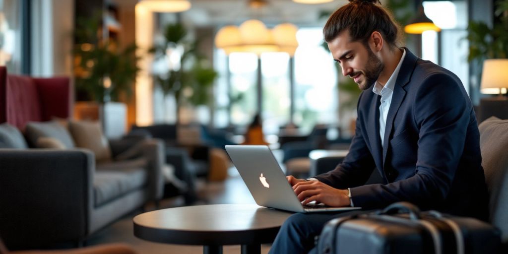 Ejecutivo de negocios planeando un viaje en el vestíbulo del hotel.