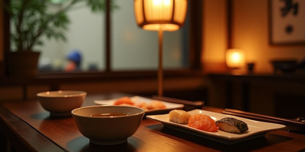 Japanese restaurant interior with sushi and tea on table.