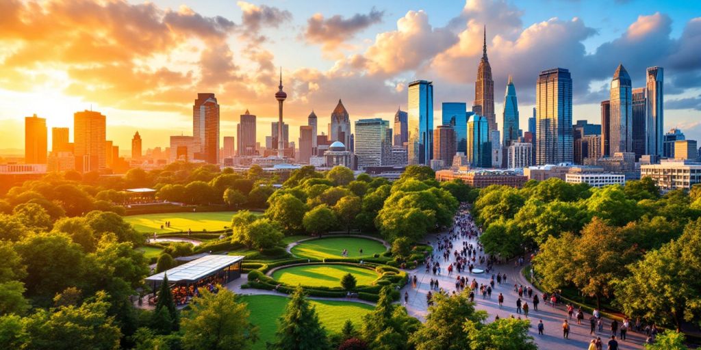 City skyline with tourists enjoying leisure and work activities.