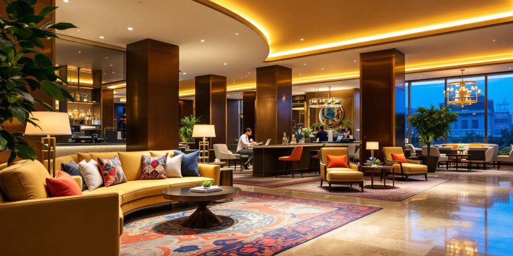 Luxuriöse Hotellobby, die Geschäfts- und Freizeiteinrichtungen verbindet.