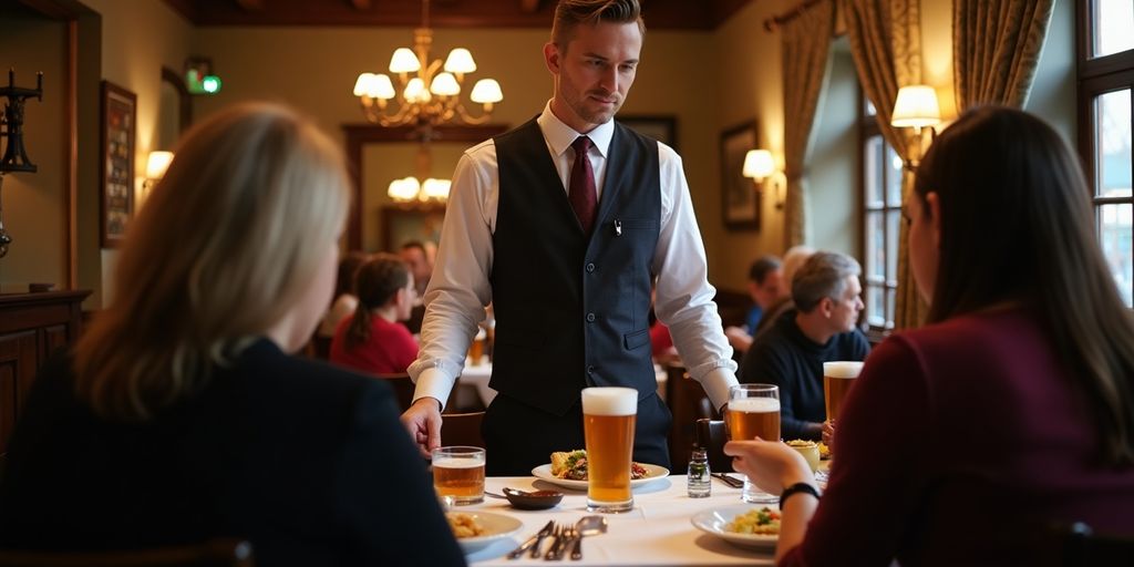 Kellner, der Essen in einem gemütlichen britischen Pub serviert.