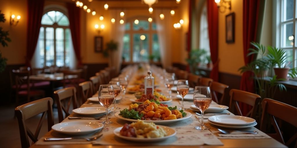 Table de restaurant turc avec décor et plats traditionnels.