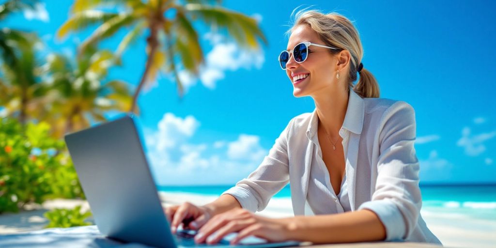 Profesional de negocios relajándose en la playa con una computadora portátil.