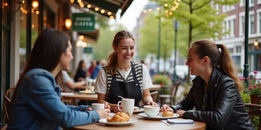 Une scène de café aux Pays-Bas avec des repas en plein air.